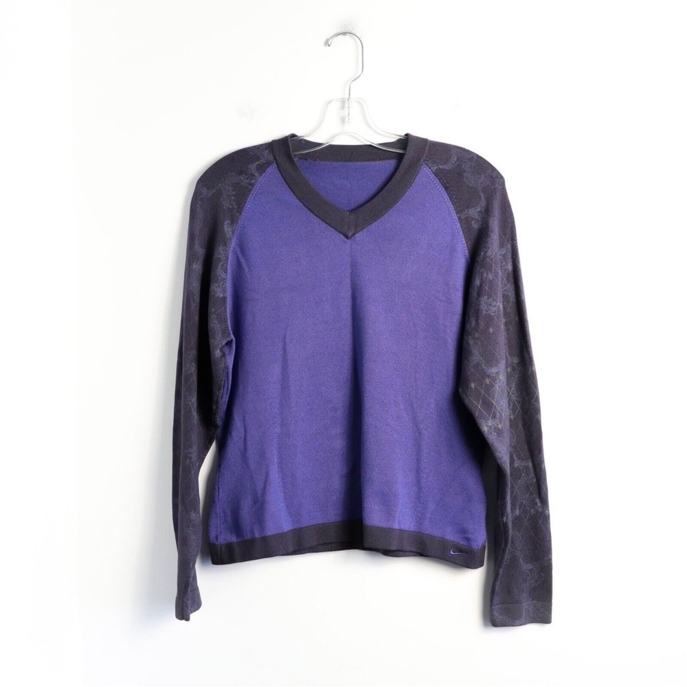 Nike purple knit sweater V-neck longsleeve top mixed pattern L large stretch
